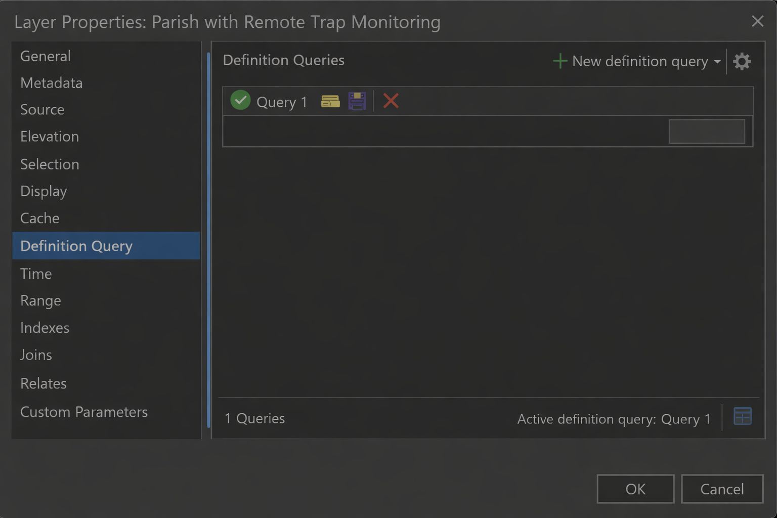 Kuvakaappaus ohjelmiston kyselytyökalusta tummalla teemalla.
