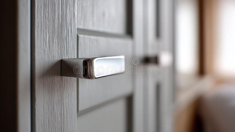 Lähikuva modernista, suorakaiteen muotoisesta hopeisesta ovenkahvasta vaaleassa puuovessa.